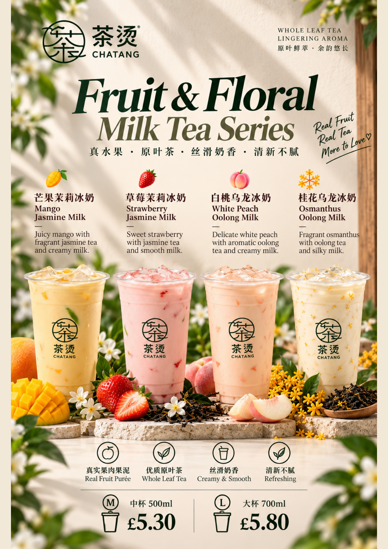 Fruit and Floral Milk Tea: Mango Jasmine, Strawberry Jasmine, White Peach Oolong and Osmanthus Oolong; medium £5.30, large £5.80